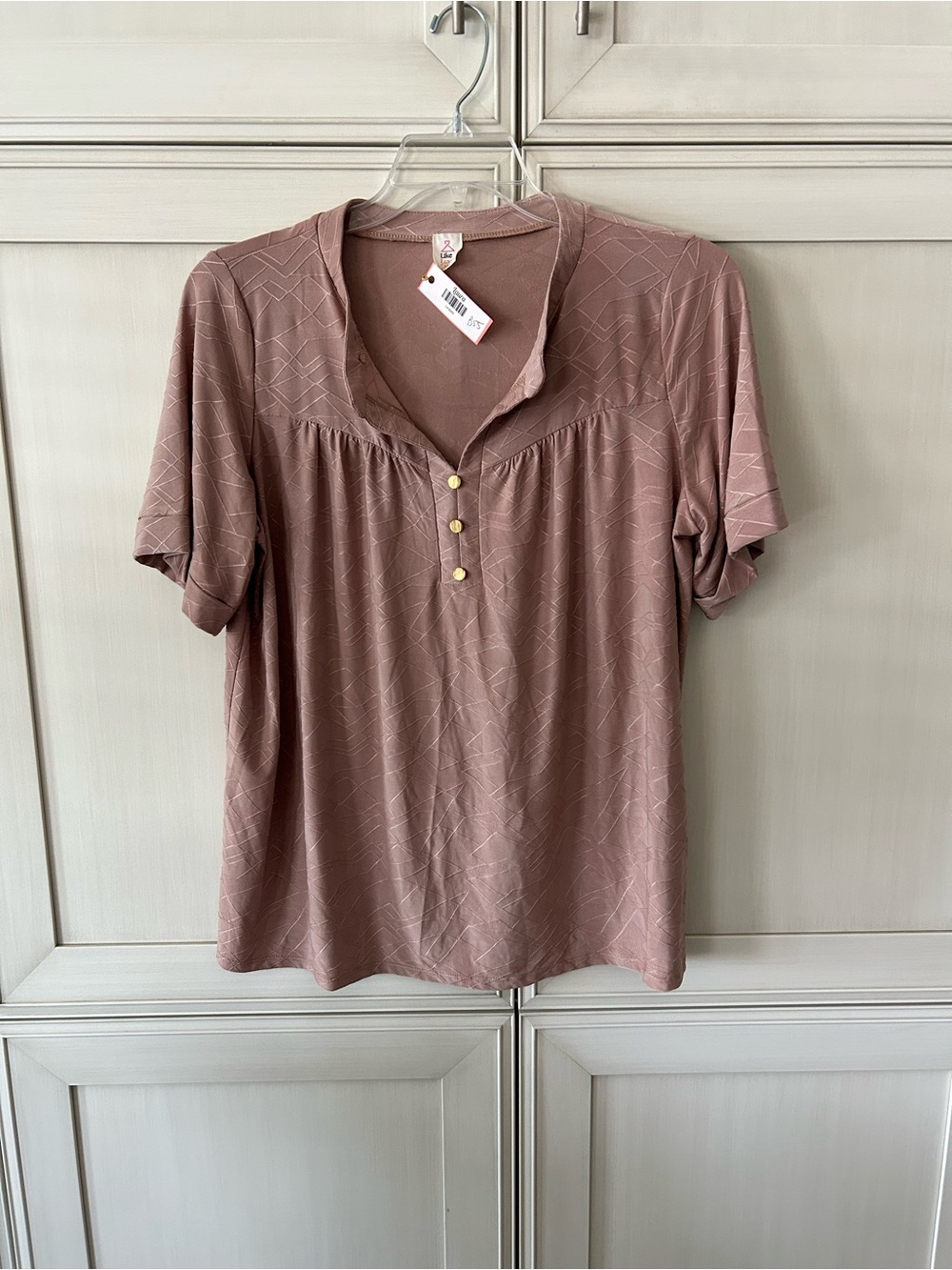 Like Love Relaxed Short Sleeve Henley Top in Taupe